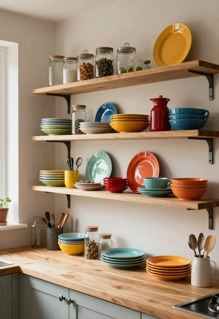 17 Modern Kitchen Shelves Ideas With Clean Lines - 7. Open Shelving with a Pop of Color 1