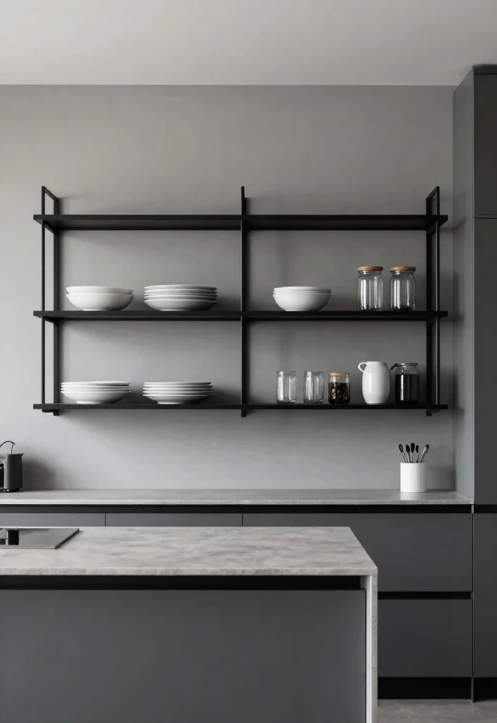 17 Modern Kitchen Shelves Ideas With Clean Lines - 8. Minimalist Metal Shelves 1