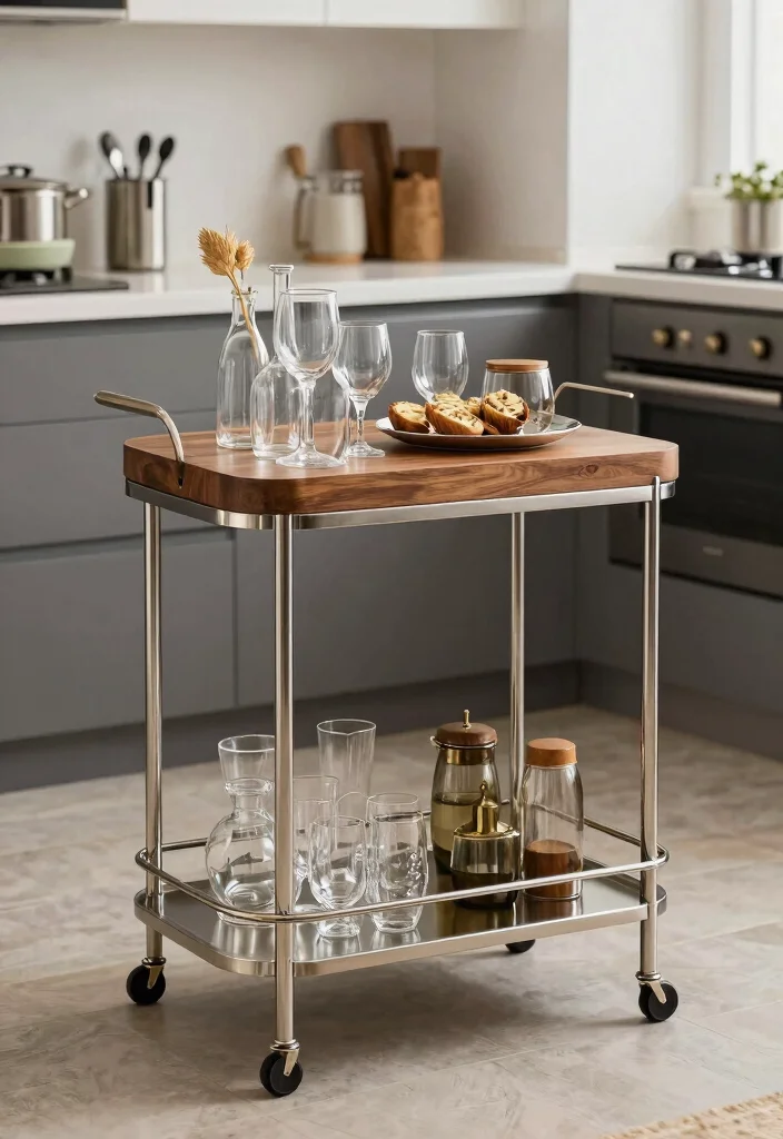 17 Small Kitchen Cabinets Ideas That Feel Spacious - 16. Stylish Bar Carts as Storage 1