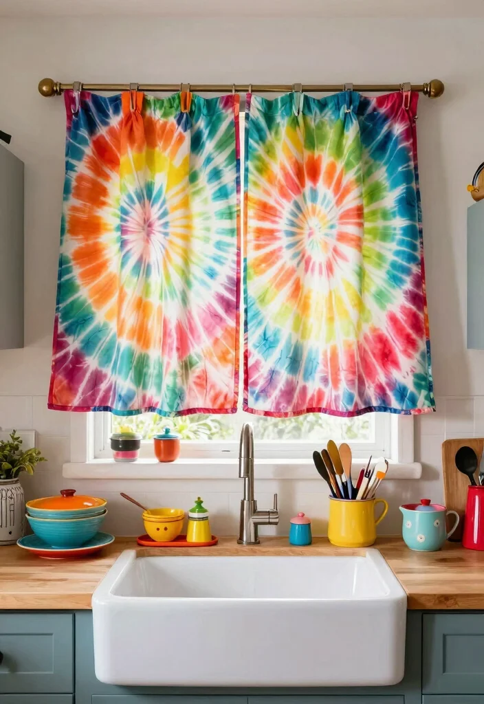 18 Kitchen Curtains Above Sink Ideas With Charming Detail 13 18 Kitchen Curtains Above Sink Ideas With Charming Detail - 13. Colorful Tie-Dye for an Artsy Flair 1