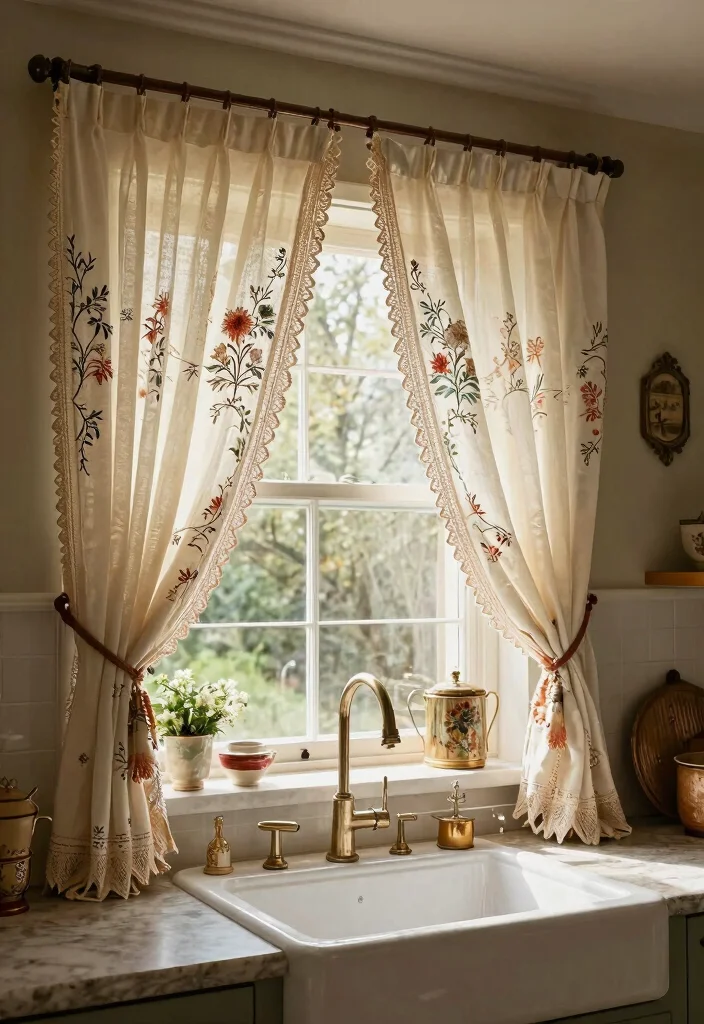 18 Kitchen Curtains Above Sink Ideas With Charming Detail 14 18 Kitchen Curtains Above Sink Ideas With Charming Detail - 14. Vintage Embroidered Curtains for Unique Detail 1
