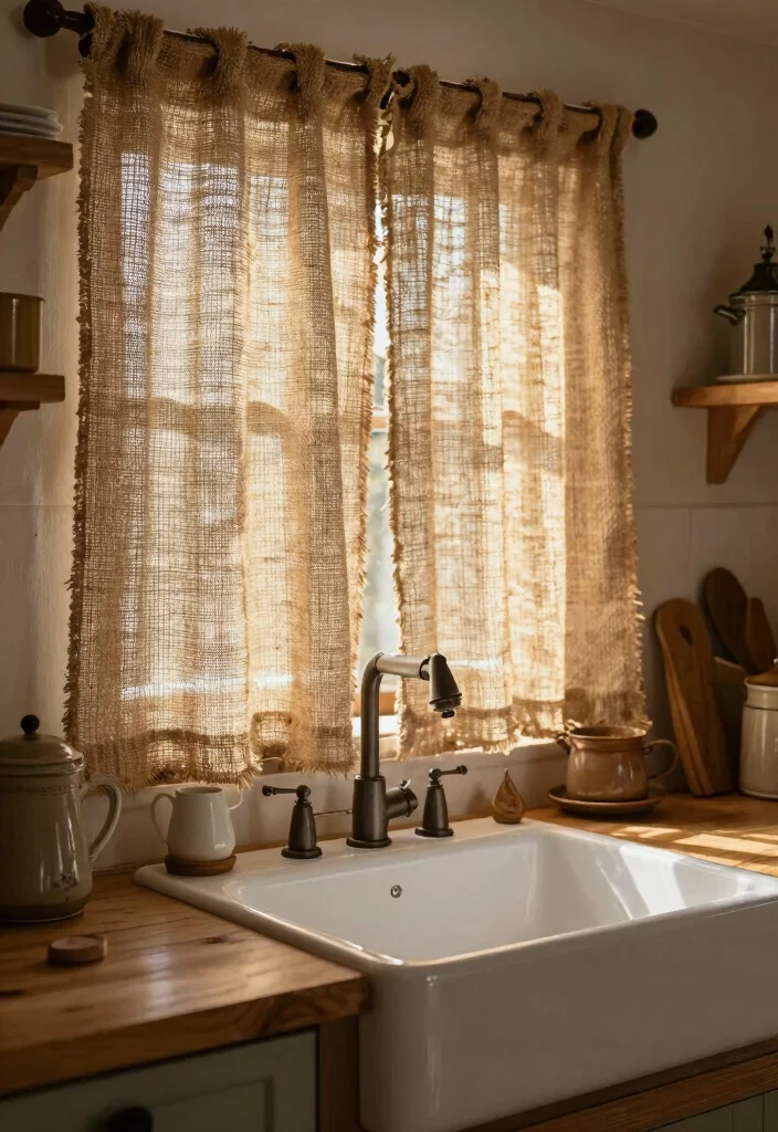 18 Kitchen Curtains Above Sink Ideas With Charming Detail 18 18 Kitchen Curtains Above Sink Ideas With Charming Detail - 18. Rustic Burlap for a Natural Look 1