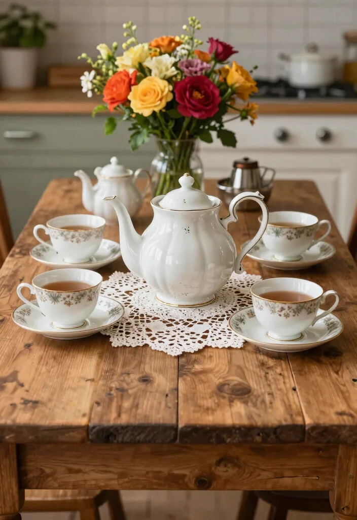 18 Kitchen Table Centerpiece Ideas That Elevate Everyday Dining - 17. Vintage Tea Set Display 1