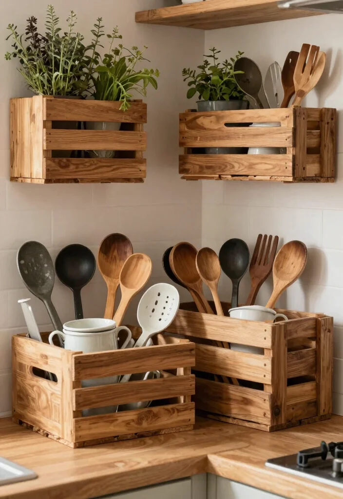 18 Kitchen Utensil Holder Ideas That Look Cute & Practical 2 18 Kitchen Utensil Holder Ideas That Look Cute & Practical - 2. Rustic Wooden Crates 1