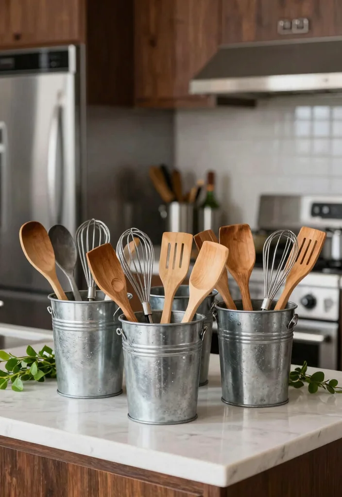 18 Kitchen Utensil Holder Ideas That Look Cute & Practical 4 18 Kitchen Utensil Holder Ideas That Look Cute & Practical - 4. Metal Buckets 1