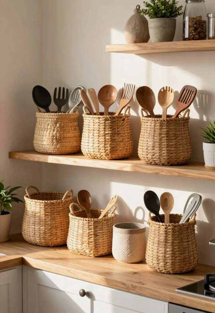 18 Kitchen Utensil Holder Ideas That Look Cute & Practical 5 18 Kitchen Utensil Holder Ideas That Look Cute & Practical - 5. Woven Baskets 1