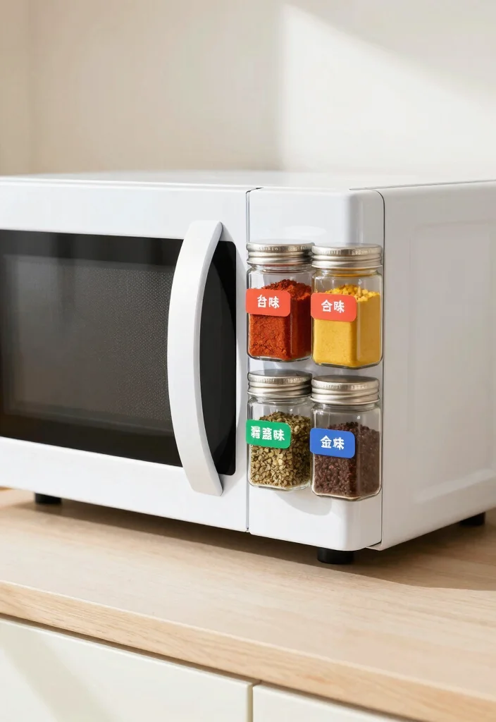 18 Microwave Storage Ideas Small Kitchen That Work Brilliantly 10 18 Microwave Storage Ideas Small Kitchen That Work Brilliantly - 10. Magnetic Spice Rack on the Microwave 1