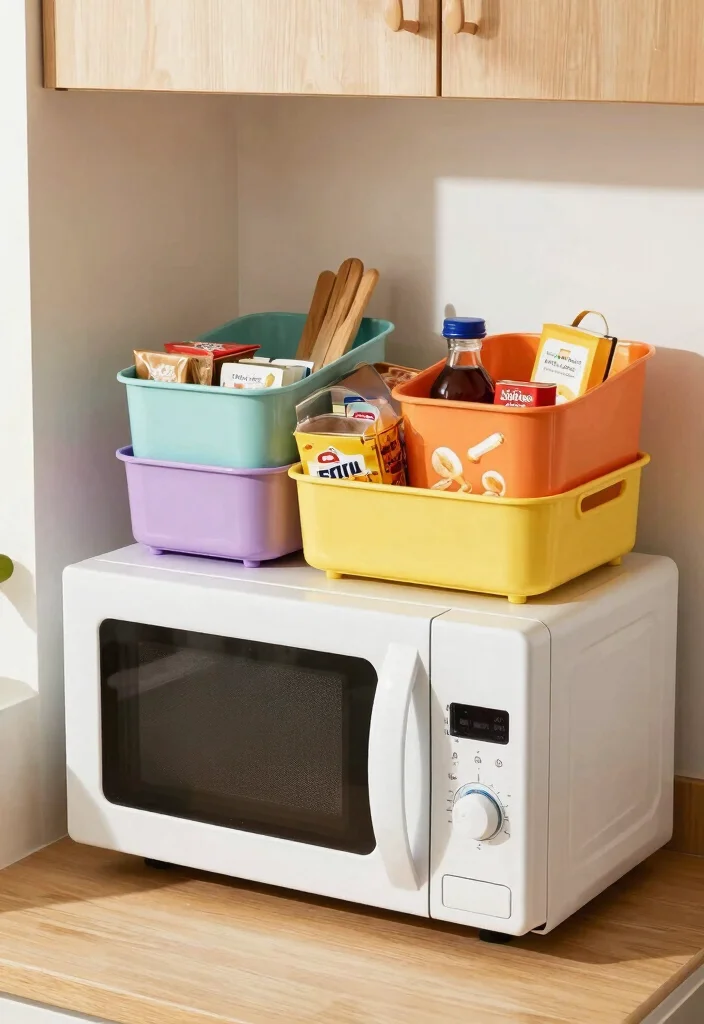 18 Microwave Storage Ideas Small Kitchen That Work Brilliantly 12 18 Microwave Storage Ideas Small Kitchen That Work Brilliantly - 12. Stackable Storage Bins Above the Microwave 1