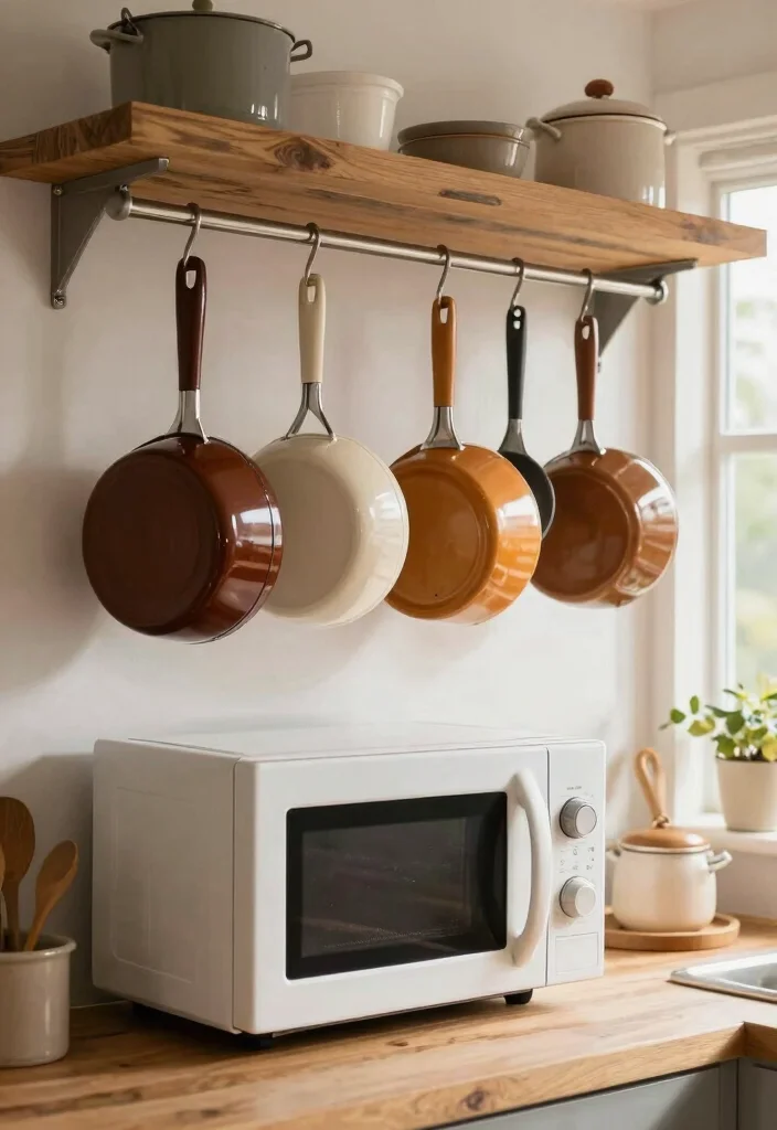 18 Microwave Storage Ideas Small Kitchen That Work Brilliantly 13 18 Microwave Storage Ideas Small Kitchen That Work Brilliantly - 13. Hanging Pot Rack Above the Microwave 1