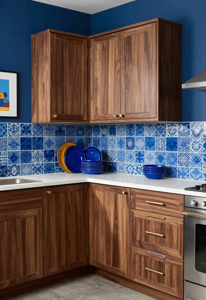 18 Walnut Kitchen Cabinets Color Schemes Ideas With Luxe Finish 3 18 Walnut Kitchen Cabinets Color Schemes Ideas With Luxe Finish - 3. Bold Blues and Walnut Elegance 1