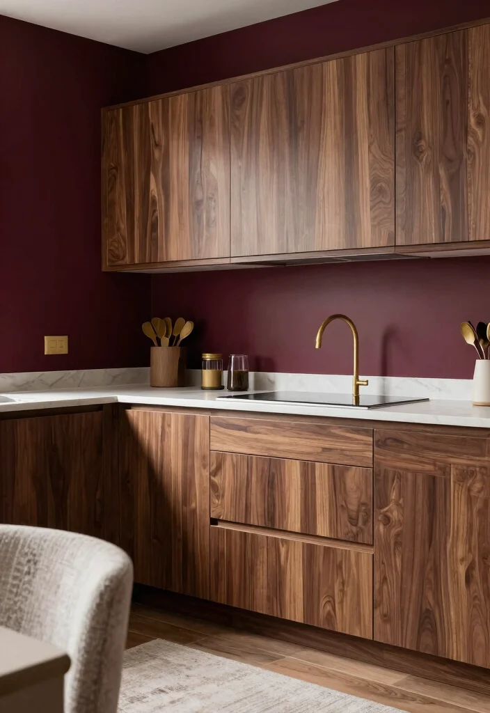 18 Walnut Kitchen Cabinets Color Schemes Ideas With Luxe Finish 6 18 Walnut Kitchen Cabinets Color Schemes Ideas With Luxe Finish - 6. Rich Burgundy and Walnut Fusion 1