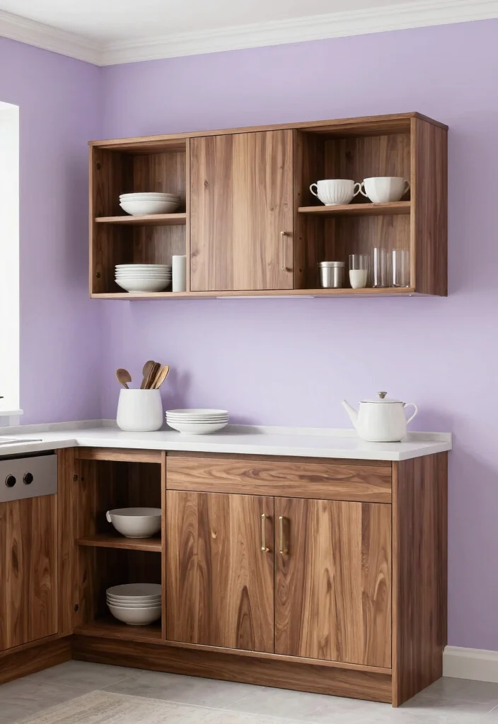 18 Walnut Kitchen Cabinets Color Schemes Ideas With Luxe Finish 8 18 Walnut Kitchen Cabinets Color Schemes Ideas With Luxe Finish - 8. Soft Lavender and Walnut Whimsy 1