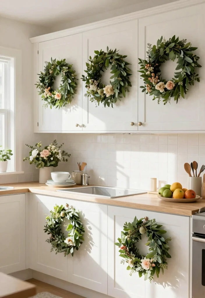 18 Wreaths on Kitchen Cabinets Ideas With Festive Charm 1 18 Wreaths on Kitchen Cabinets Ideas With Festive Charm - 1. Seasonal Greenery Wreaths 1