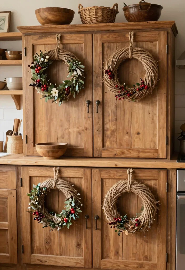 18 Wreaths on Kitchen Cabinets Ideas With Festive Charm 12 18 Wreaths on Kitchen Cabinets Ideas With Festive Charm - 12. Rustic Charm with Twine Wreaths 1