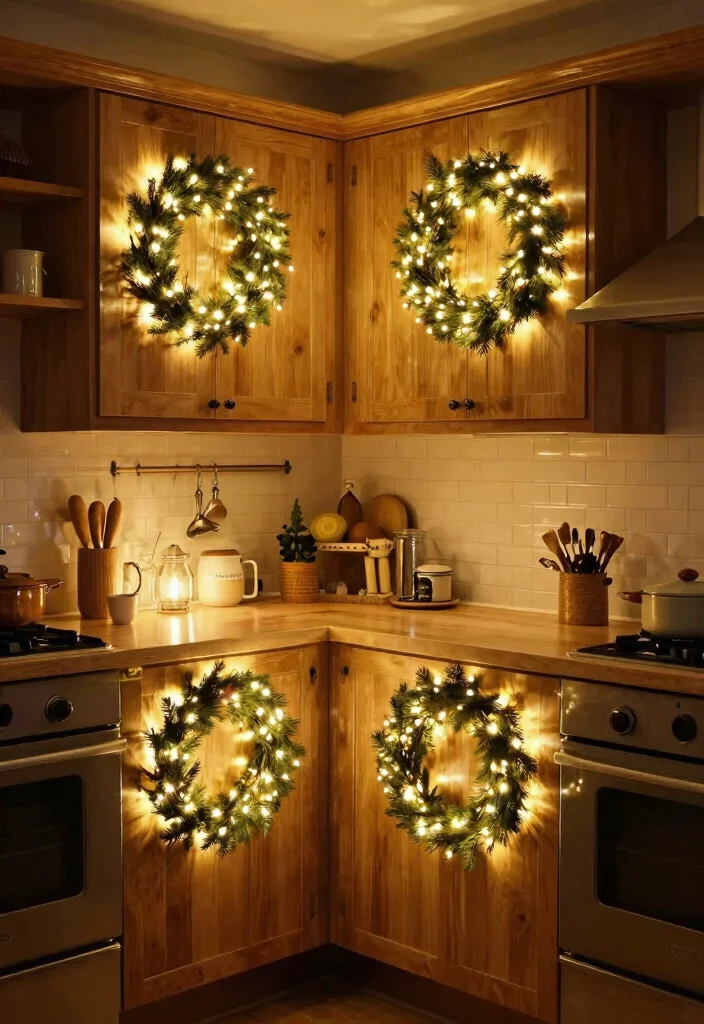 18 Wreaths on Kitchen Cabinets Ideas With Festive Charm 18 18 Wreaths on Kitchen Cabinets Ideas With Festive Charm - 18. Twinkling Light Wreaths 1