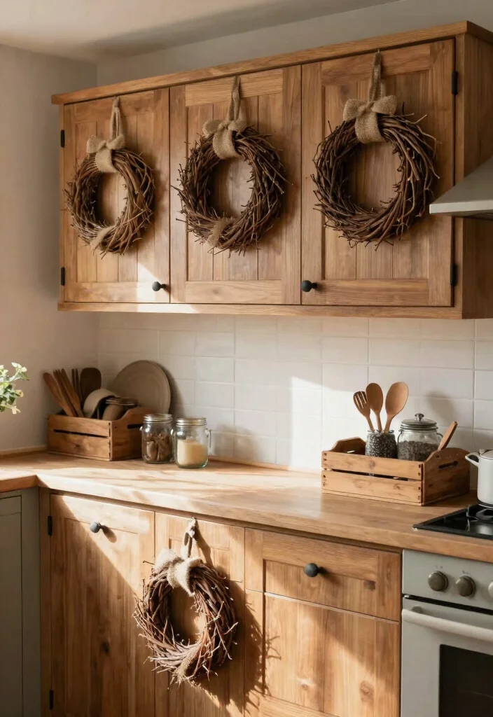 18 Wreaths on Kitchen Cabinets Ideas With Festive Charm 3 18 Wreaths on Kitchen Cabinets Ideas With Festive Charm - 3. Rustic Farmhouse Wreaths 1