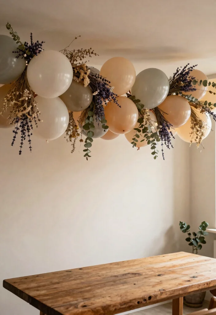 12 Ceiling Balloon Decorations That Stay Up Without Tape Marks - 2. Balloon Garland with Dried Flowers 1
