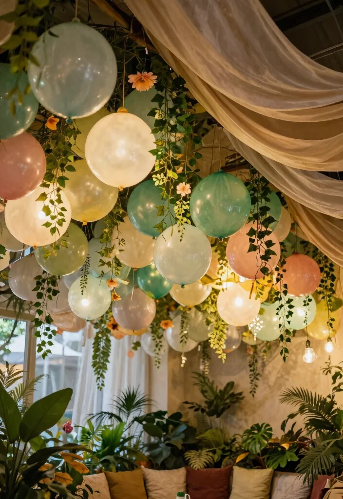 12 Ceiling Balloon Decorations That Stay Up Without Tape Marks - 7. Garden-Themed Ceiling Canopy 1