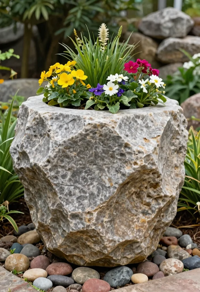 12 Decorated Flower Pot Ideas That Hide Boring Plastic Planters - 10. Natural Stone Planters 1