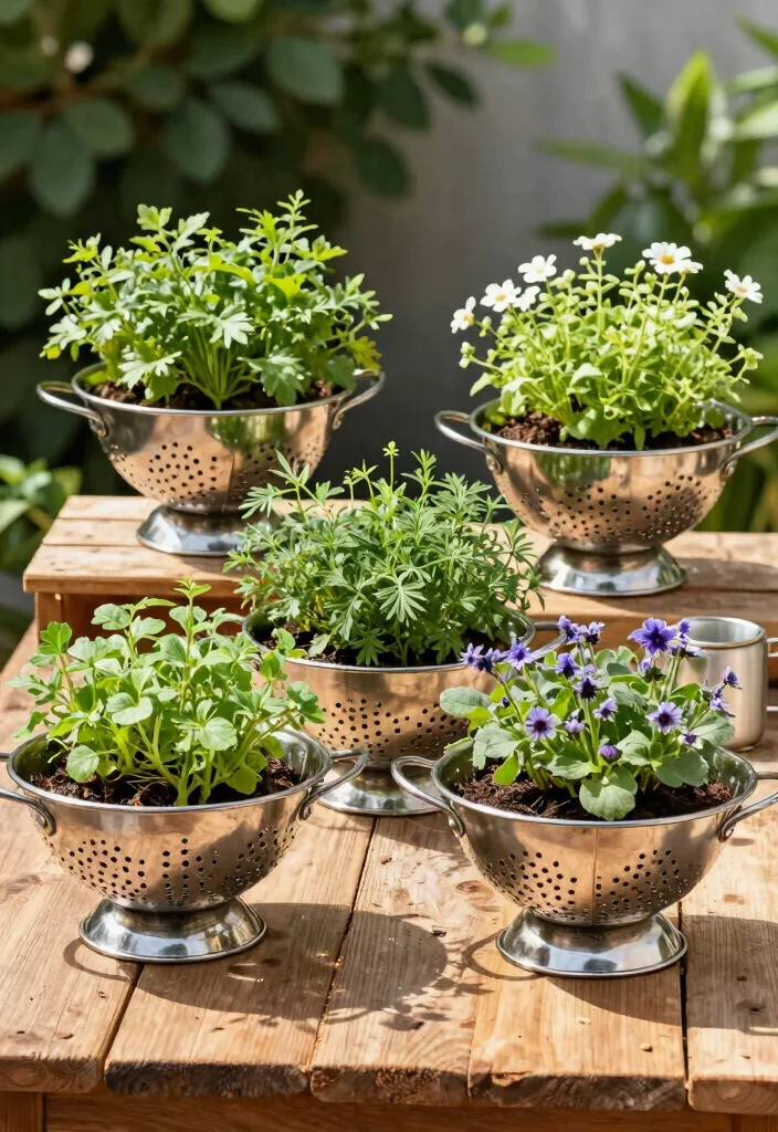 12 Decorated Flower Pot Ideas That Hide Boring Plastic Planters - 12. Repurposed Colanders as Planters 1
