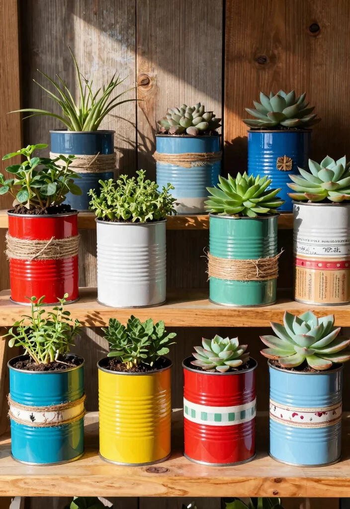 12 Decorated Flower Pot Ideas That Hide Boring Plastic Planters - 2. Upcycled Tin Can Planters 1