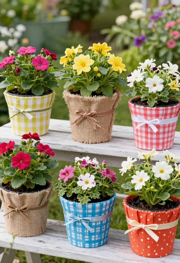 12 Decorated Flower Pot Ideas That Hide Boring Plastic Planters - 3. Fabric-Wrapped Flower Pots 1
