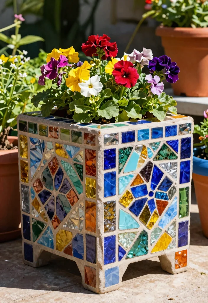 12 Decorated Flower Pot Ideas That Hide Boring Plastic Planters - 5. Mosaic Tile Planters 1