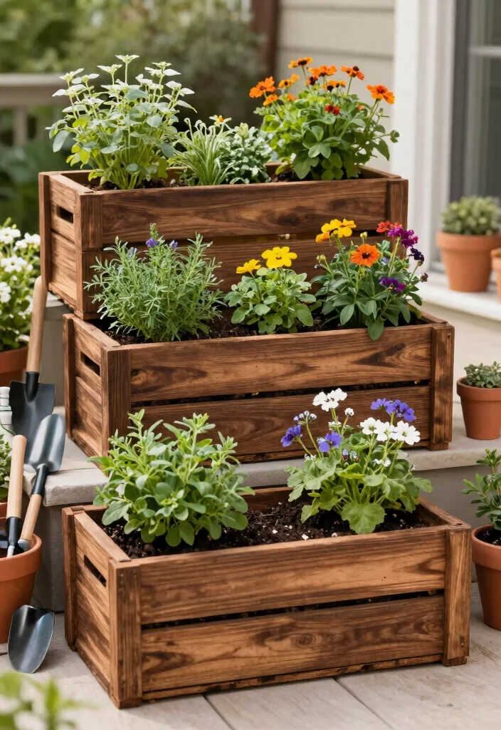 12 Decorated Flower Pot Ideas That Hide Boring Plastic Planters - 7. Wooden Crate Planters 1