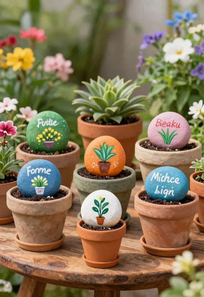12 Decorated Flower Pot Ideas That Hide Boring Plastic Planters - 8. Painted Rocks as Decor 1