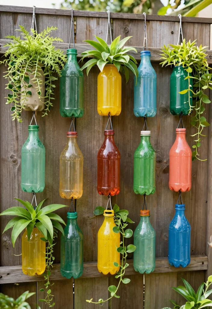 12 Decorated Flower Pot Ideas That Hide Boring Plastic Planters - 9. Hanging Planter Bottles 1
