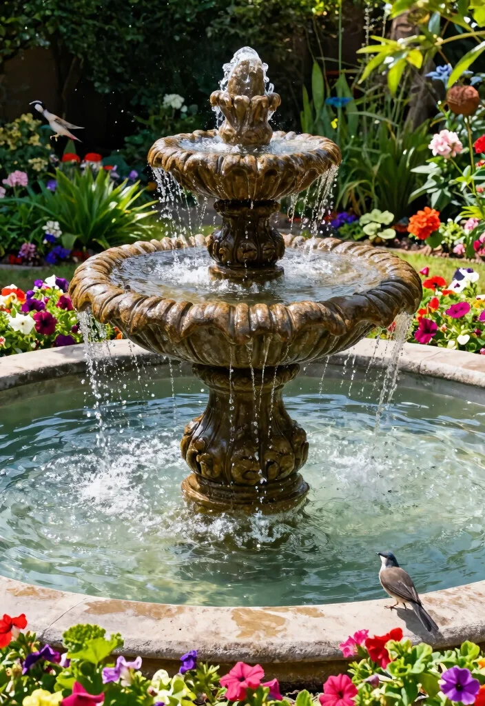 12 Patio Fountain Ideas That Run Without a Buried Water Line - 1. Tiered Solar Fountain 1