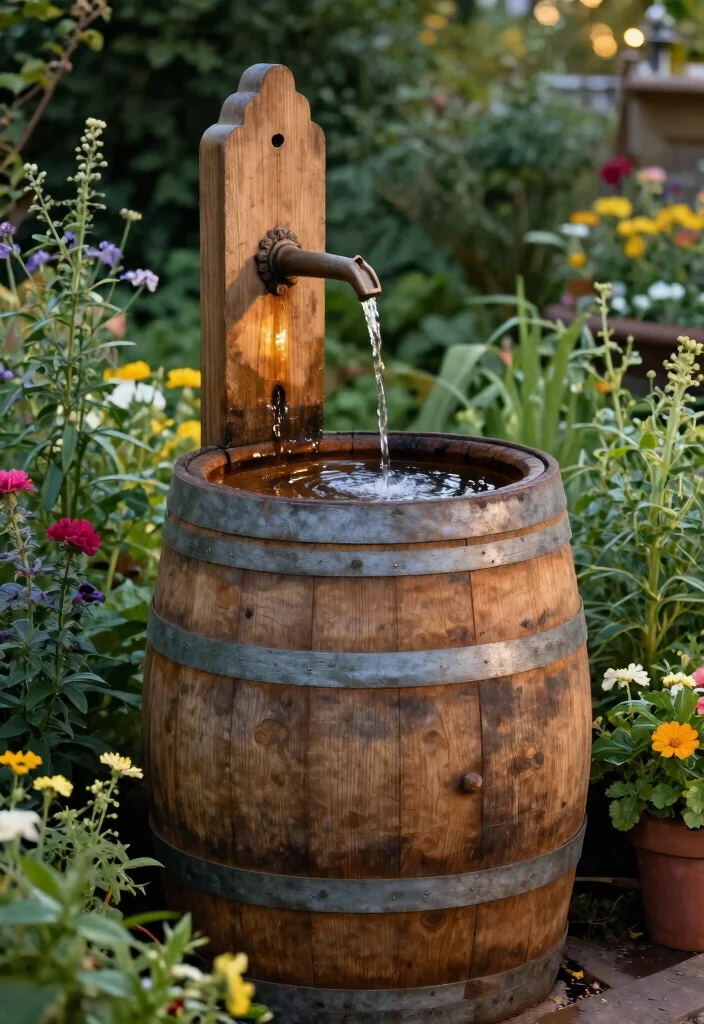 12 Patio Fountain Ideas That Run Without a Buried Water Line - 10. Reclaimed Barrel Fountain 1