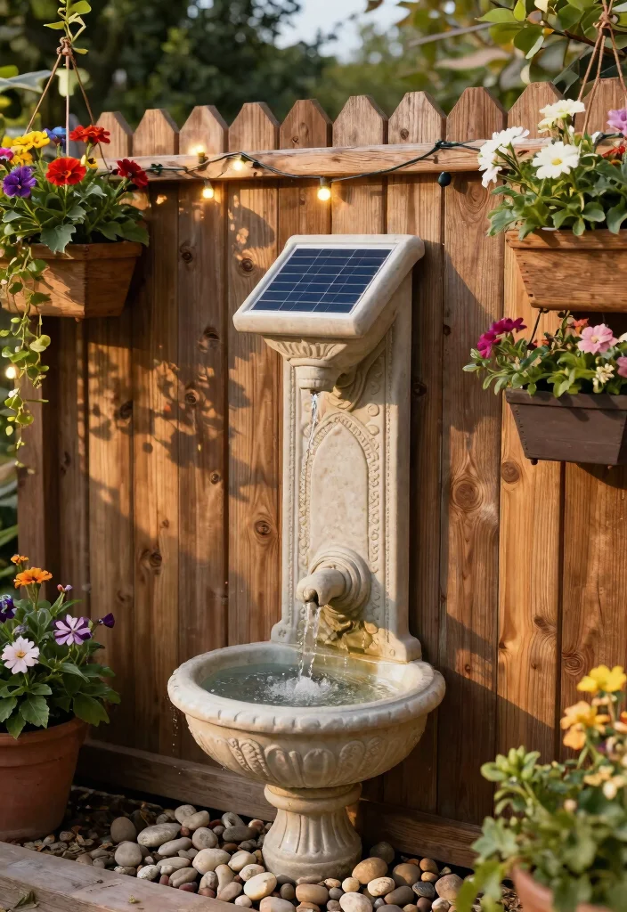 12 Patio Fountain Ideas That Run Without a Buried Water Line - 2. Wall-Mounted Solar Fountain 1