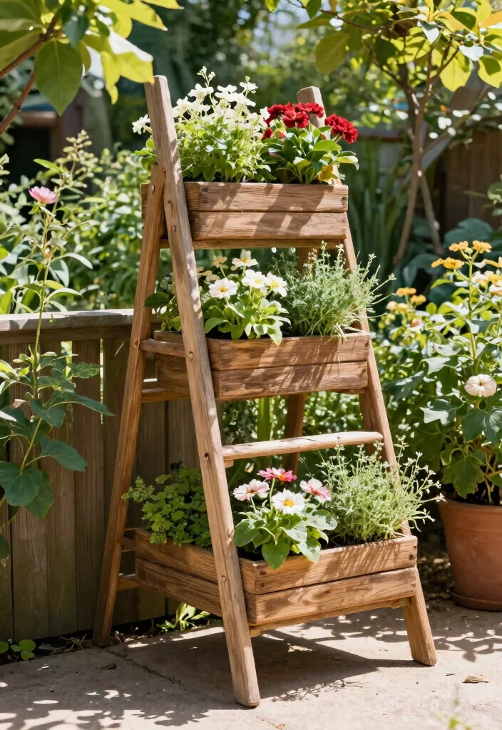 14 Backyard Planter Ideas That Hide Eyesores and Add Color 14 14 Backyard Planter Ideas That Hide Eyesores and Add Color - 14. Plant Ladder Displays 1