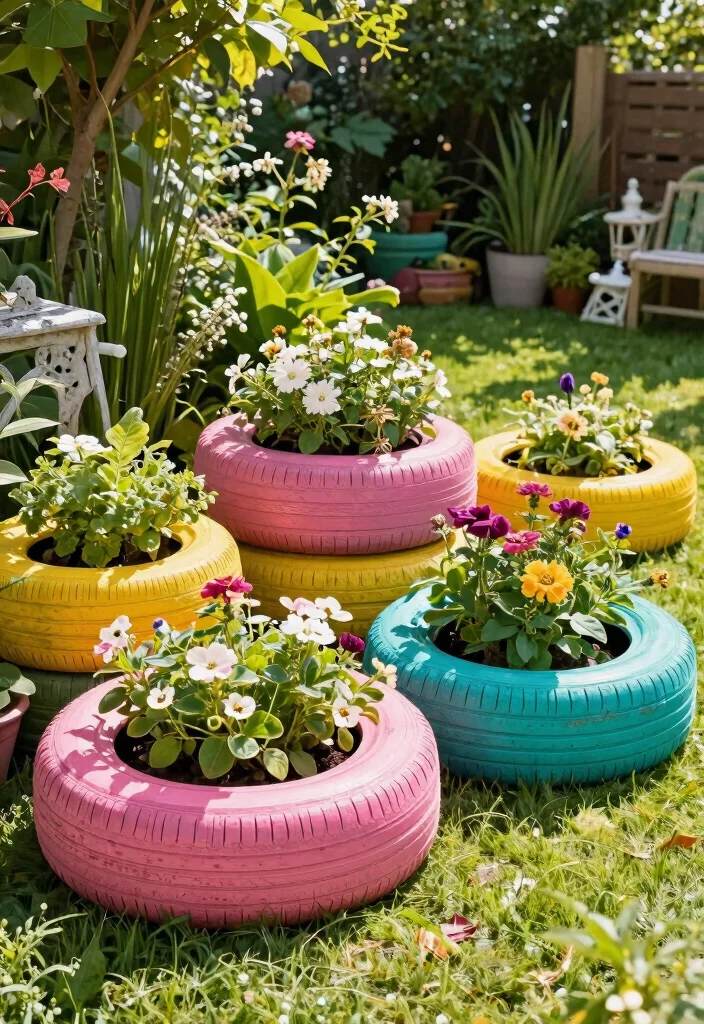 14 Backyard Planter Ideas That Hide Eyesores and Add Color 3 14 Backyard Planter Ideas That Hide Eyesores and Add Color - 3. DIY Tire Planters 1
