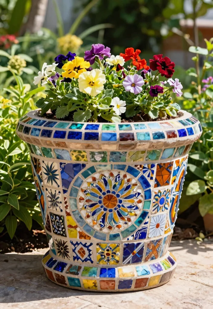 14 Backyard Planter Ideas That Hide Eyesores and Add Color 5 14 Backyard Planter Ideas That Hide Eyesores and Add Color - 5. Mosaic-Tiled Planters 1
