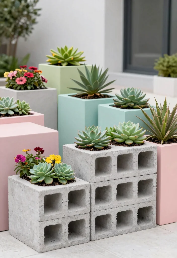 14 Backyard Planter Ideas That Hide Eyesores and Add Color 7 14 Backyard Planter Ideas That Hide Eyesores and Add Color - 7. Concrete Block Planters 1