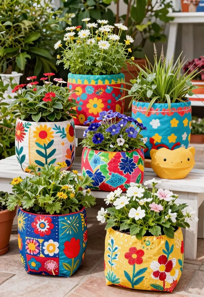 14 Backyard Planter Ideas That Hide Eyesores and Add Color 8 14 Backyard Planter Ideas That Hide Eyesores and Add Color - 8. Colorful Fabric Planters 1