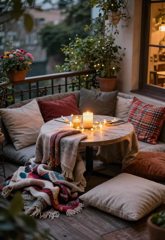 14 Bistro Table Outdoor Ideas for Small Balconies and Patios - 10. Cozy Bistro Table with Blankets 1