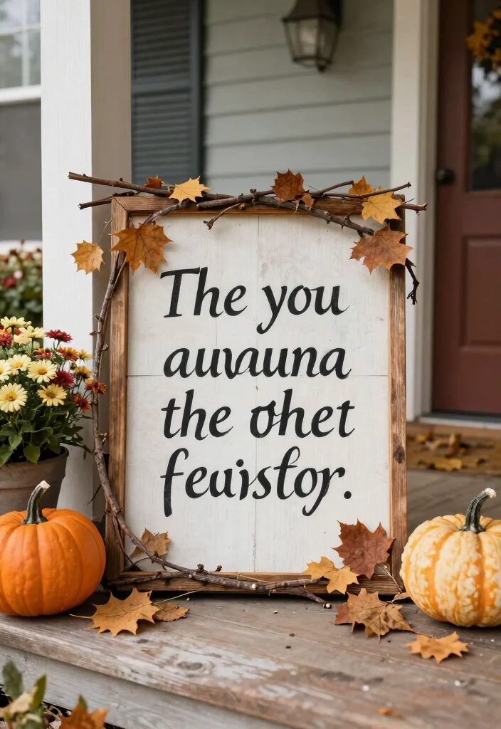 14 Fall Porch Signs Ideas That Welcome Guests Right Away - 10. Seasonal Quote Sign with Nature Elements 1