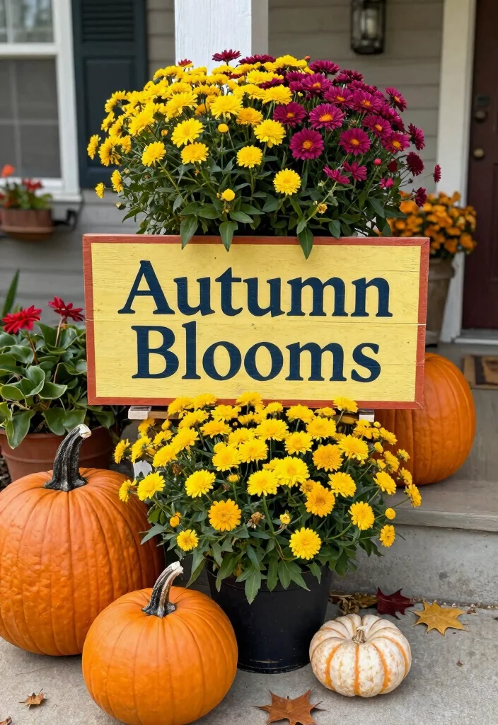14 Fall Porch Signs Ideas That Welcome Guests Right Away - 12. Seasonal Garden Sign with Flower Arrangement 1
