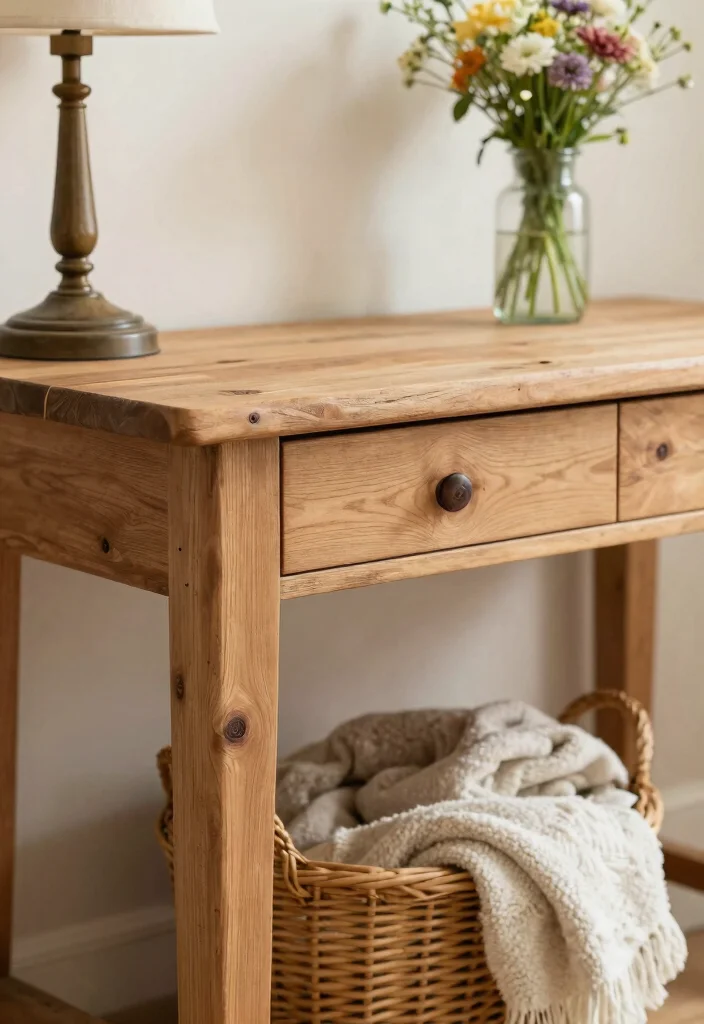 14 Farmhouse Console Table Ideas That Fit Narrow Entryways - 1. A Rustic Wooden Beauty 1