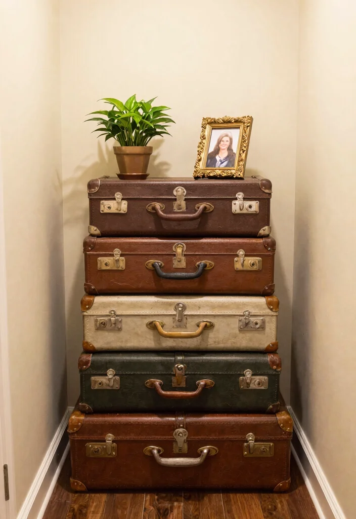 14 Farmhouse Console Table Ideas That Fit Narrow Entryways - 12. Vintage Suitcase Console 1
