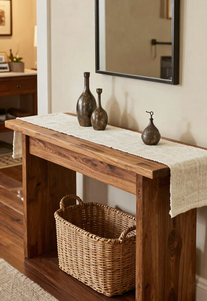 14 Farmhouse Console Table Ideas That Fit Narrow Entryways - 14. Textural Bliss 1