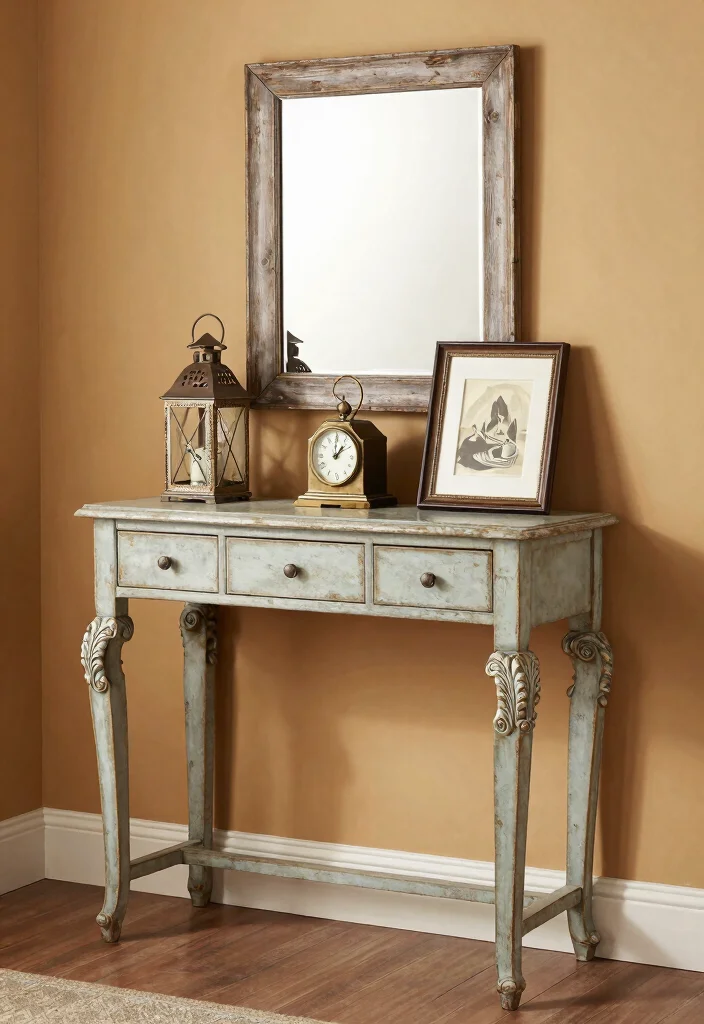 14 Farmhouse Console Table Ideas That Fit Narrow Entryways - 3. Vintage Lane 1