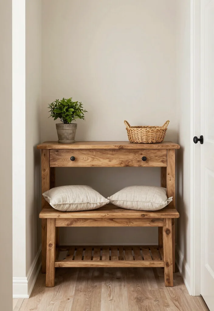 14 Farmhouse Console Table Ideas That Fit Narrow Entryways - 6. Farmhouse Style Bench-Table Combo 1