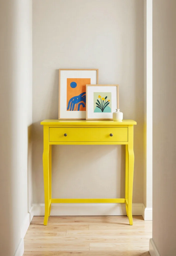 14 Farmhouse Console Table Ideas That Fit Narrow Entryways - 7. Color Pop Charm 1