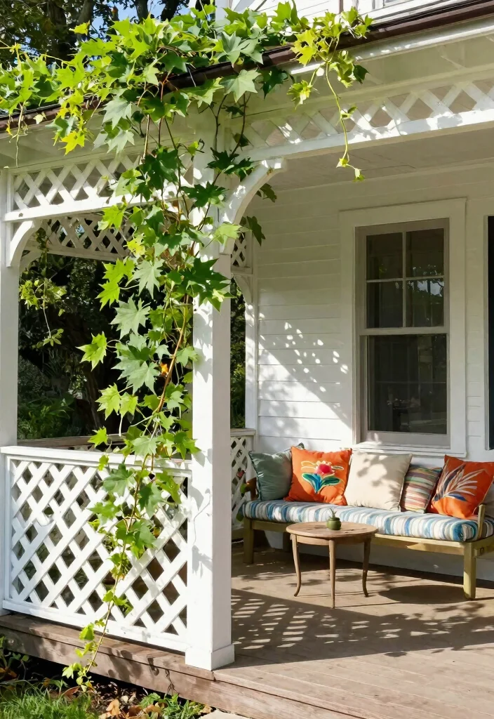 14 Farmhouse Porch Railing Ideas That Meet Code on a Budget - 7. Lattice Railings with Climbing Plants 1