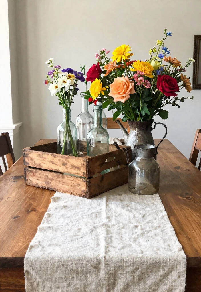 14 Farmhouse Table Centerpiece Ideas That Work for Every Season - 7. Vintage Finds 1