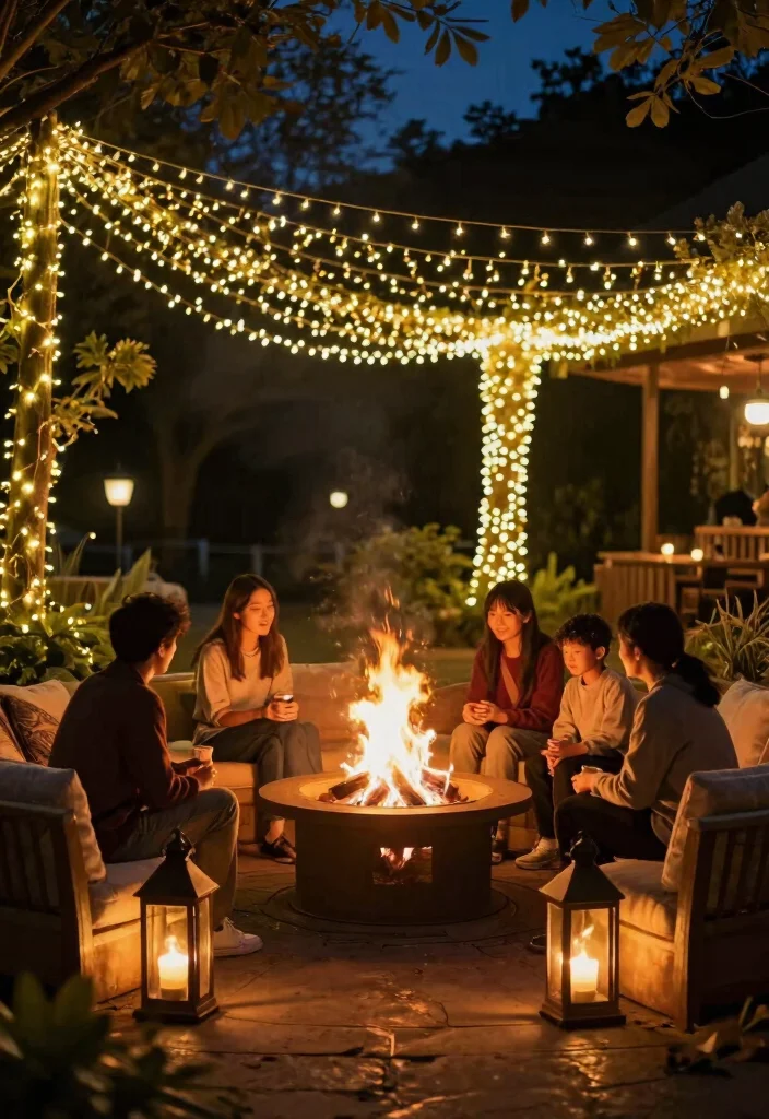 14 Fire Pit Area Ideas for Small Backyards Without a Full Hardscape - 12. Fire Pit with Decorative Lighting 1